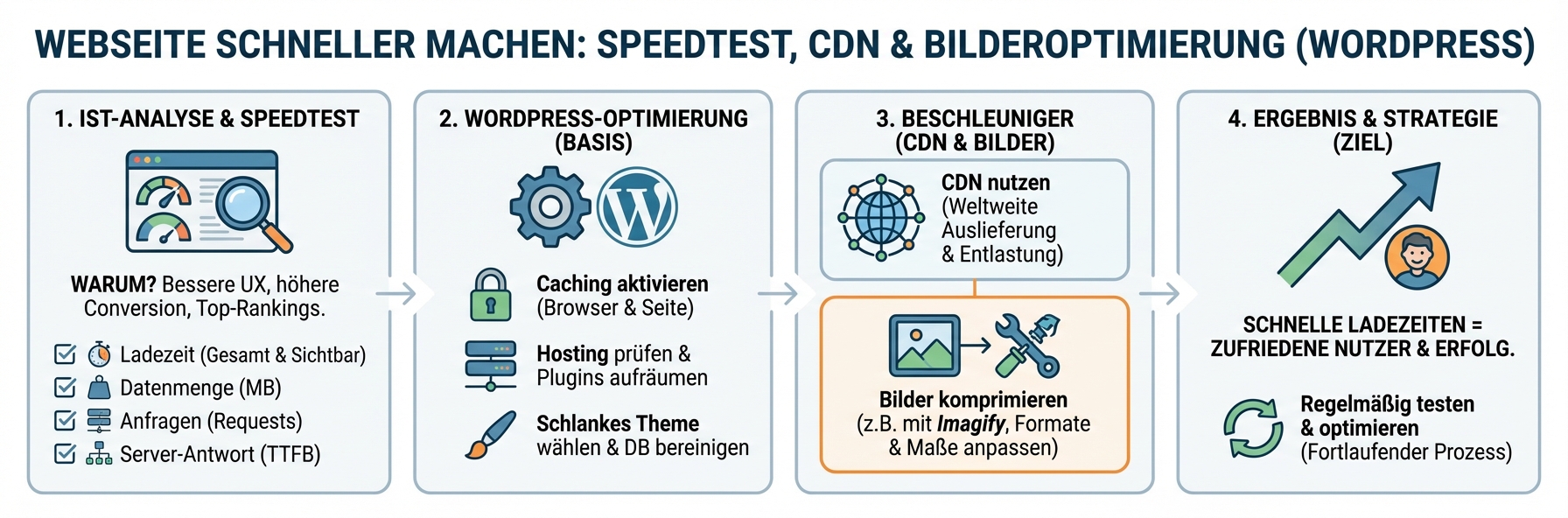 Visualisierung der Performance-Optimierung einer WordPress-Webseite mit Speedtests, CDN und Bilderoptimierung